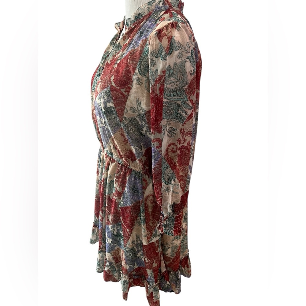 Jessica Simpson Red Cream Green Purple Paisley V-Neck Peasant Tunic - Picture 3 of 6